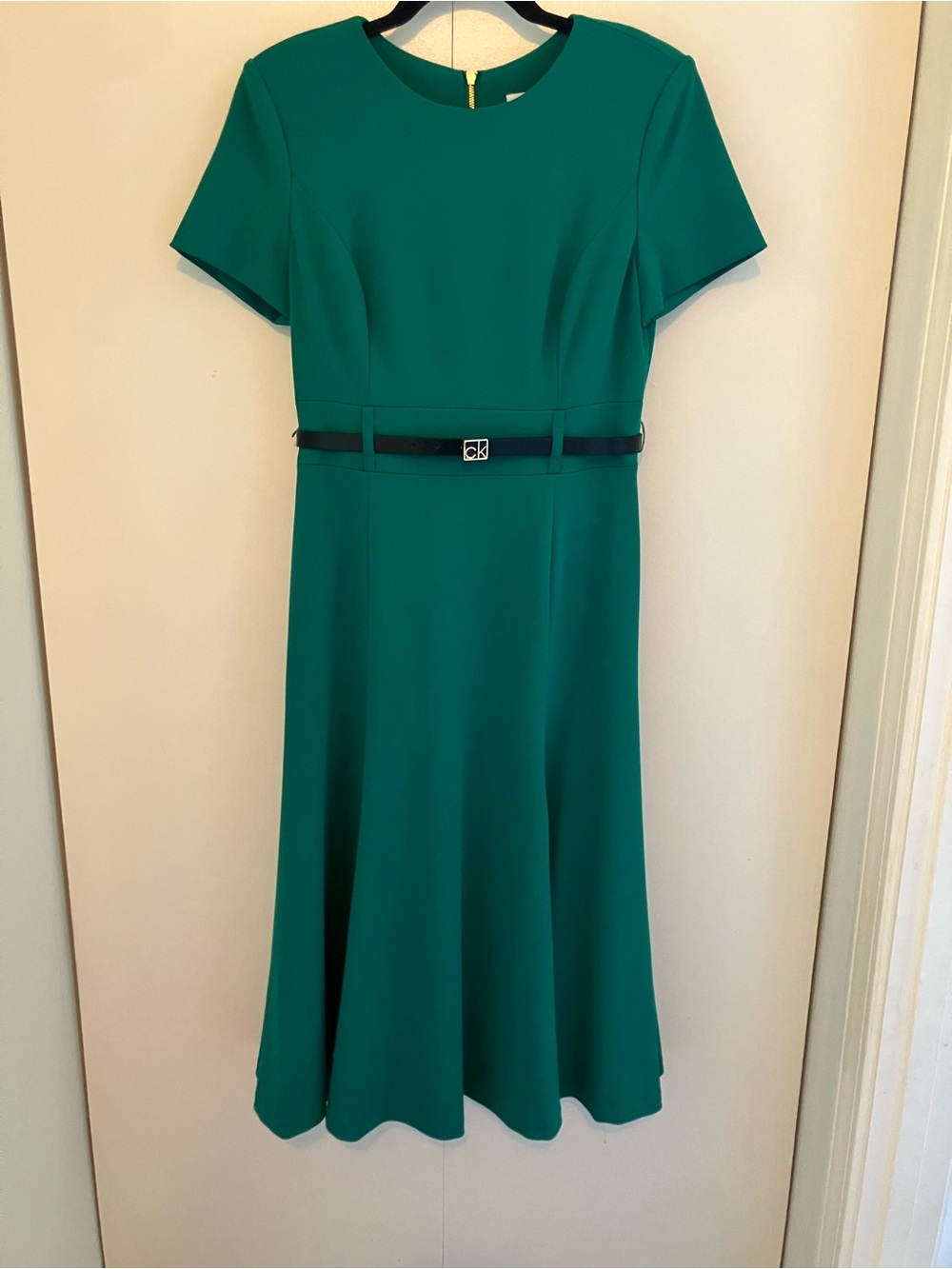 Calvin Klein Emerald Green Midi Dress with Black Belt